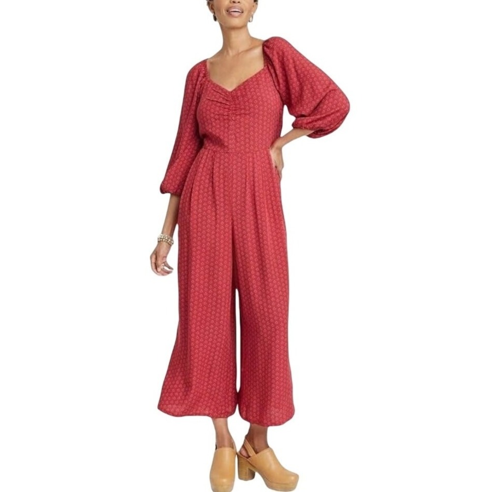 Knox Rose Red Patterned 3/4‎ Puff Sleeve V-Neck Smocked Cropped Jumpsuit Size XL